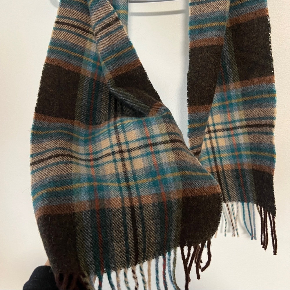 Bronte by moon 100% lamswool plaid brown scarf - Picture 3 of 4